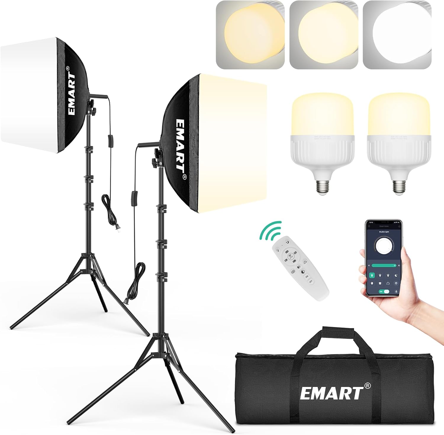 EMART Professional Softbox Lighting Kit, 16"x16" Pull Soft Box | 50W 3000K-6000K LED Bulb with Remote/APP Control, Softbox Photography Lighting Kit for Studio Lights, Portrait,Video Recording(2PACK)