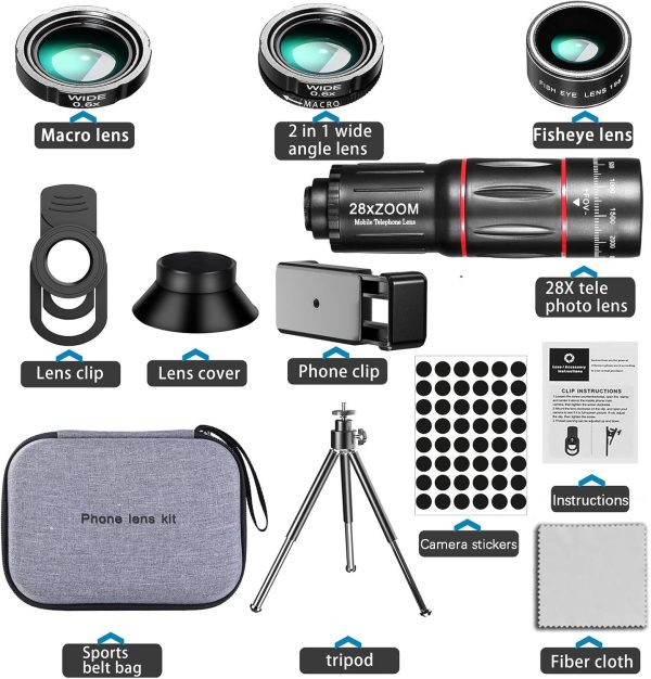 Phone Camera Lens Kit Upgraded Version Telephoto 28X Wide Angle 0.6X Macro 20X Fisheye 198° for Most Smartphones (Black) - Image 2
