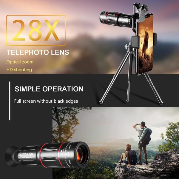 Phone Camera Lens Kit Upgraded Version Telephoto 28X Wide Angle 0.6X Macro 20X Fisheye 198° for Most Smartphones (Black) - Image 3