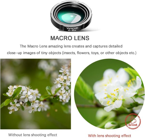 Phone Camera Lens Kit Upgraded Version Telephoto 28X Wide Angle 0.6X Macro 20X Fisheye 198° for Most Smartphones (Black) - Image 4